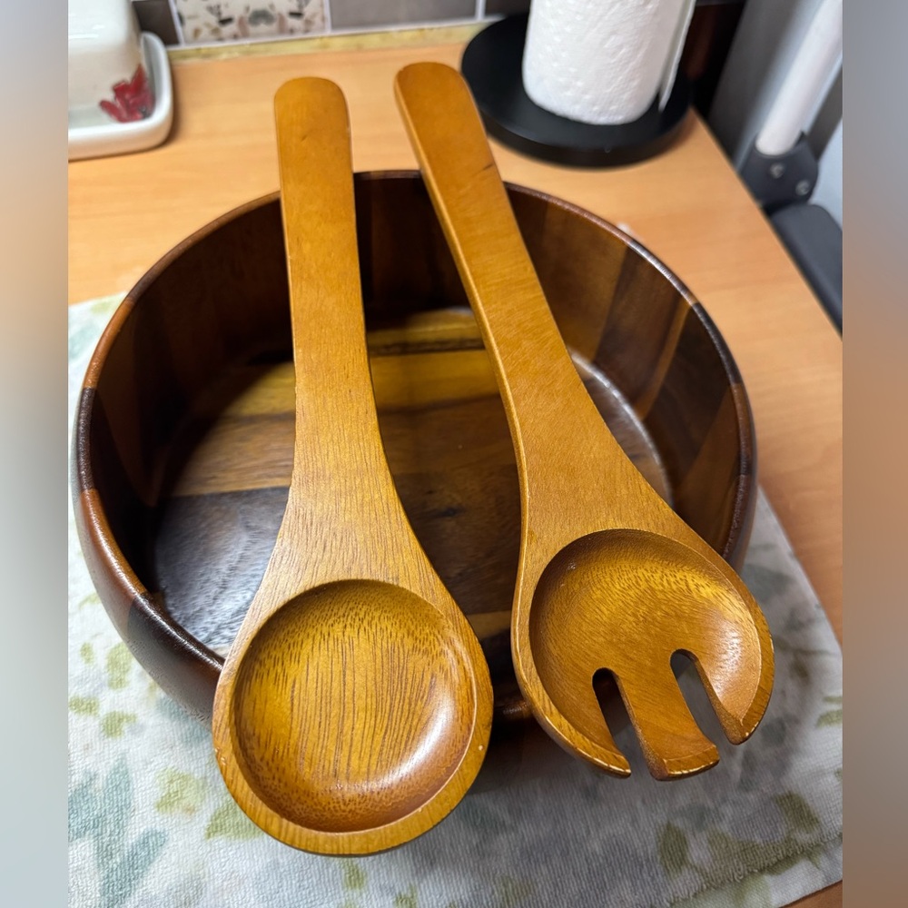 Natural Wood Salad Bowl and Utensil Set